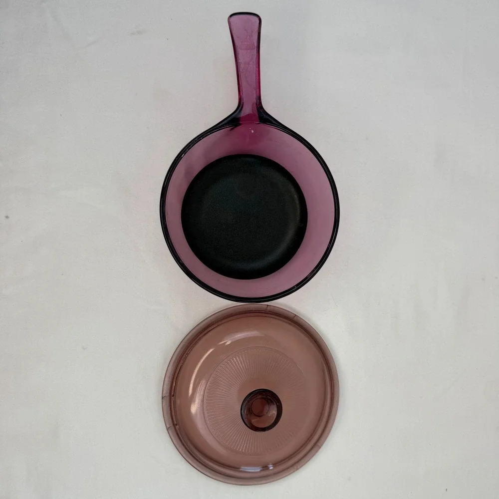 Vision Corning Cranberry Glass Skillet Saucepan with Pyrex V1C Lid Non-Stick